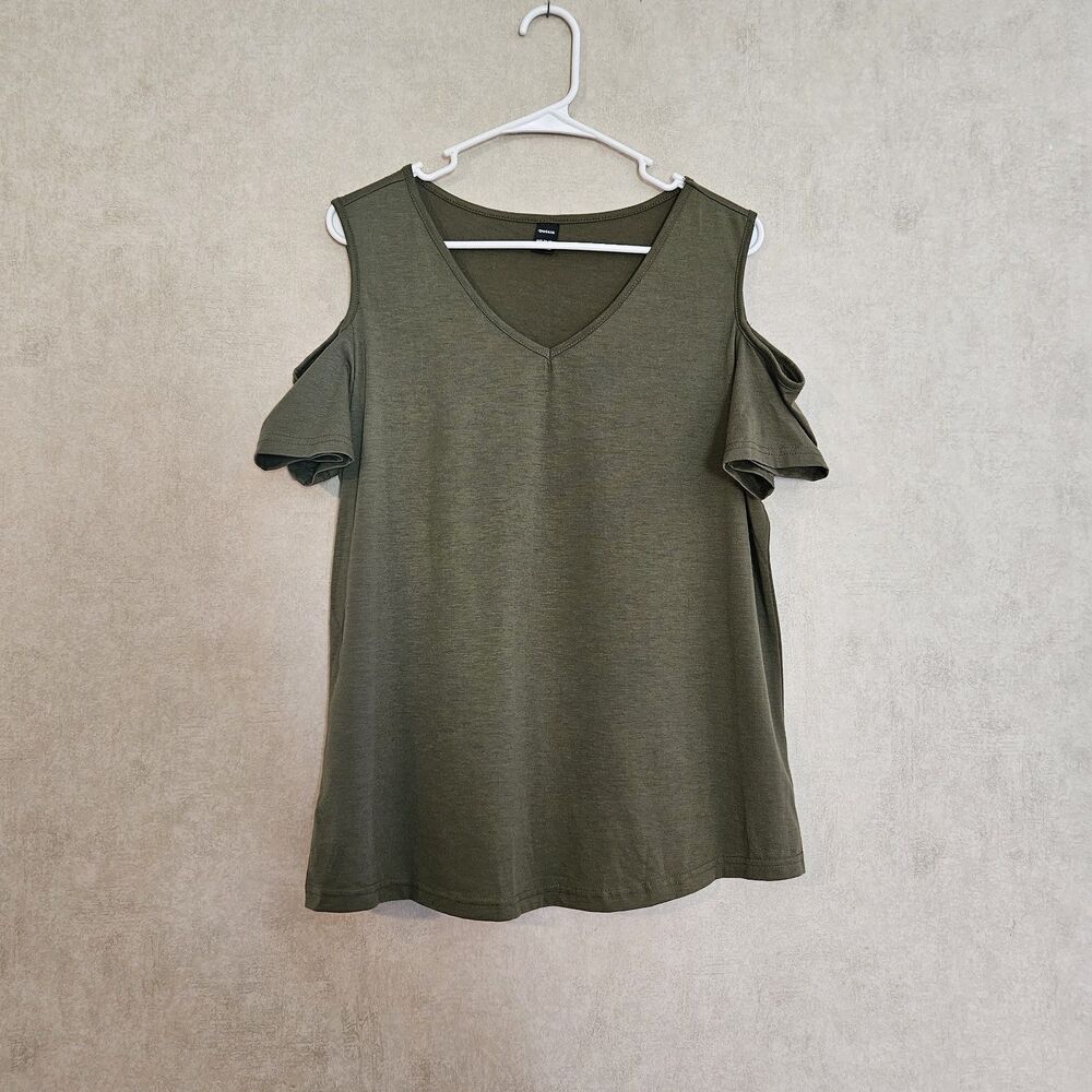 Womens XL Olive Green Cold Shoulder Top Short Sleeve Casual Blouse
